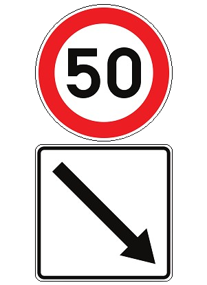 Panneau indiquant une vitesse maximale de 50 km/h à la sortie