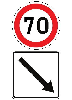 Panneau indiquant une vitesse maximale de 70 km/h à la sortie