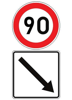 Panneau indiquant une vitesse maximale de 90 km/h à la sortie