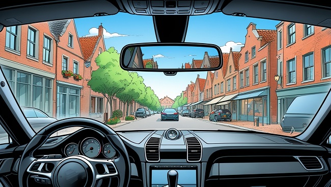 Zicht in de binnenspiegel van een auto