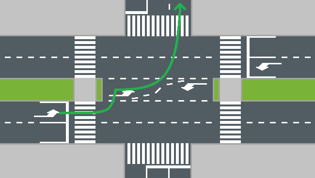 Schema van een kruispunt met markering om links af te slaan