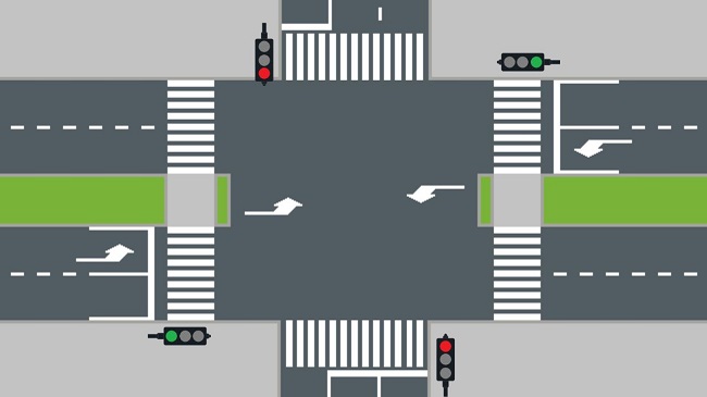Exemple d’un carrefour avec feu vert circulaire et circulation dans plusieurs directions