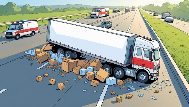 Accident sur l’autoroute avec un camion et une cargaison renversée