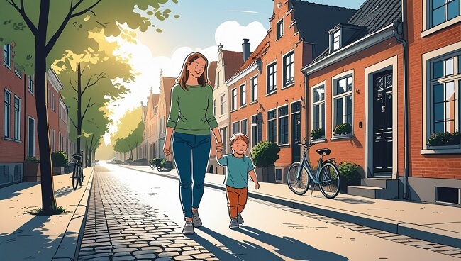 Une mère qui marche avec son enfant