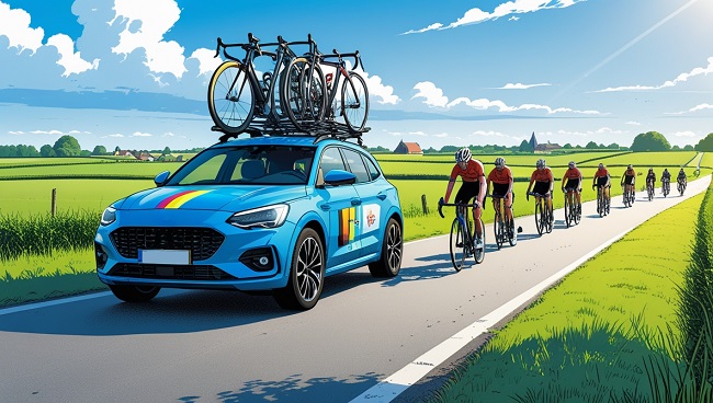 Une voiture accompagnant un groupe de cyclistes