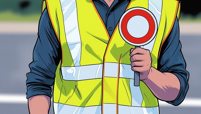 Gros plan d’un signaleur portant un gilet fluorescent avec un panneau C3