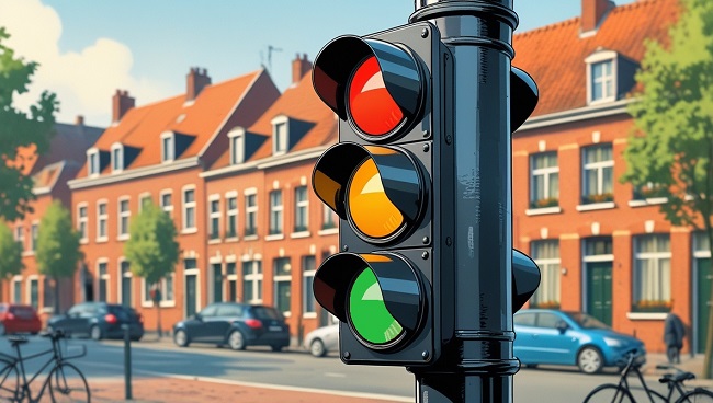 Illustration d’un feu de circulation tricolore à un carrefour avec feu rouge, orange et vert