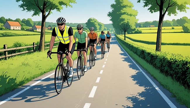 Chef de groupe accompagnant des cyclistes en milieu rural belge