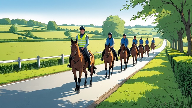 Chef de groupe guidant des cavaliers en milieu rural belge
