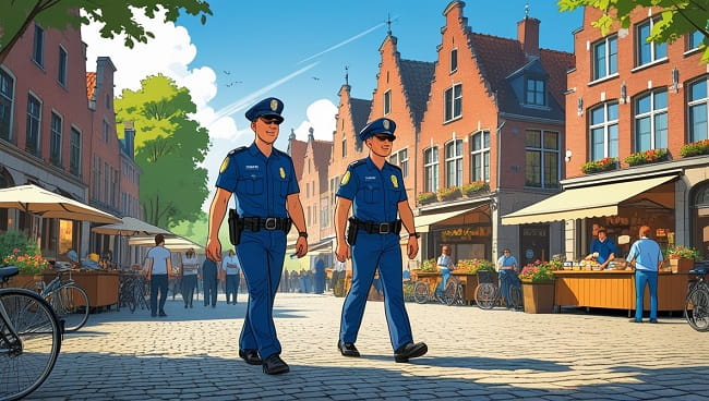 Deux agents de police marchent dans la rue