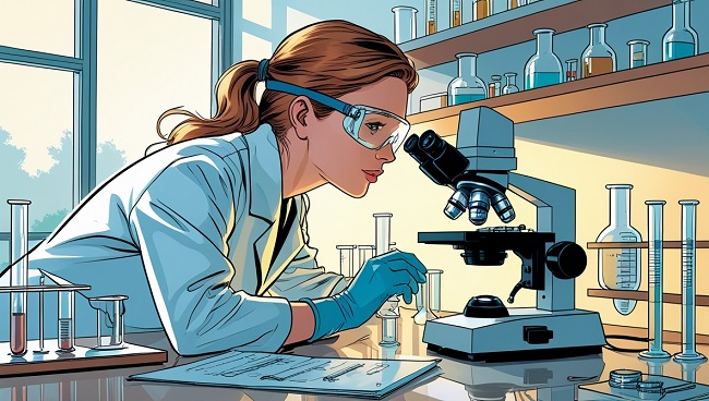 Une scientifique regarde dans un microscope dans un laboratoire