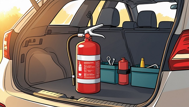 Extincteur dans le coffre d’une voiture, équipement de sécurité obligatoire selon la loi belge