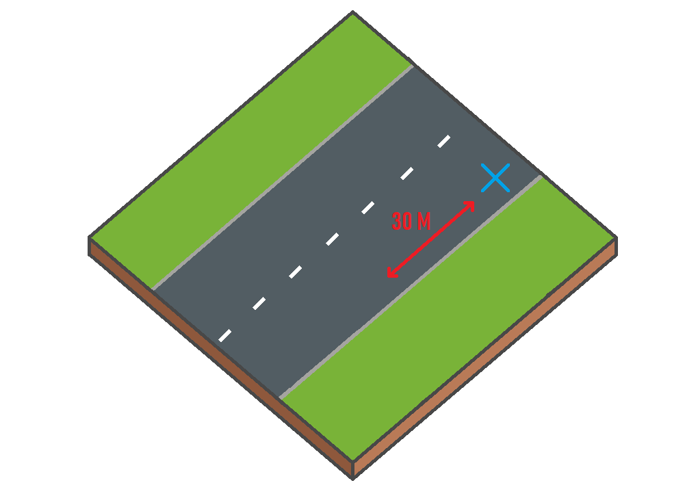 Illustration du placement du triangle sur une route ordinaire, à au moins 30 mètres