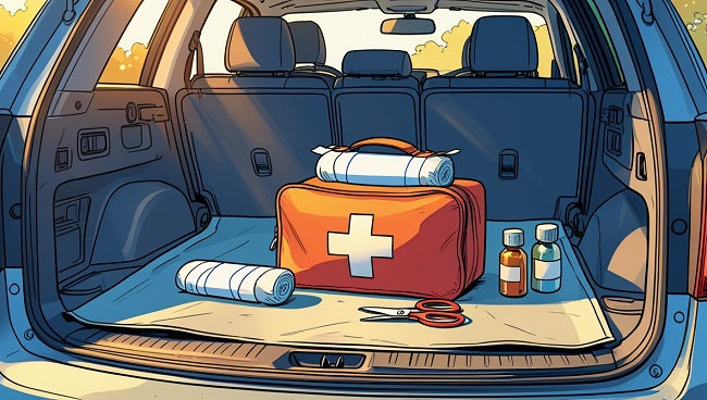 Trousse de secours dans le coffre d’une voiture pour les premiers soins en cas d’accident