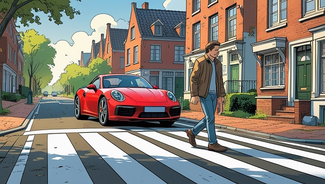 Een auto stopt om een voetganger te laten oversteken aan een oversteekplaats