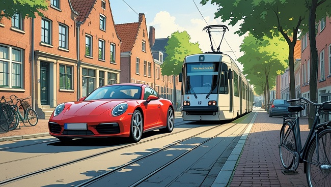 Voiture dépassant un tram par la droite