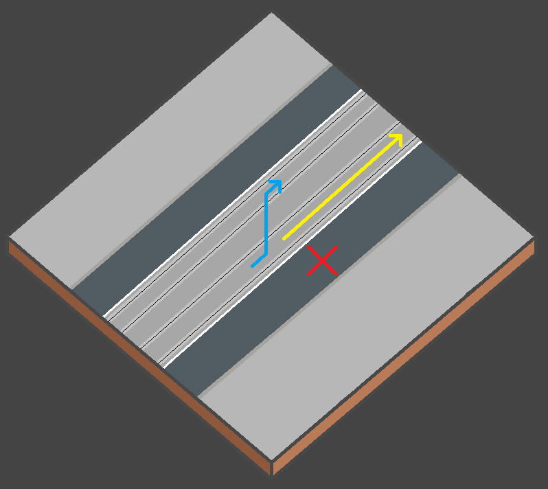 Exemple d’une rue avec tram où la droite est impossible