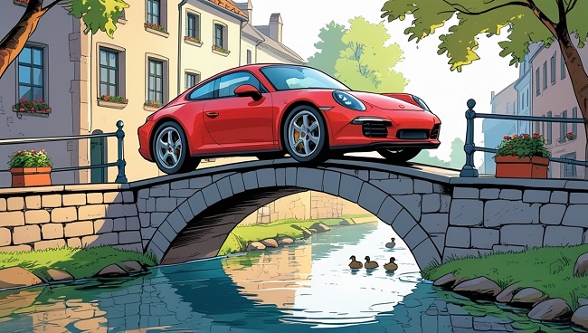 Voiture sur un pont en pierre – demi-tour interdit selon le Code de la route pour le permis B