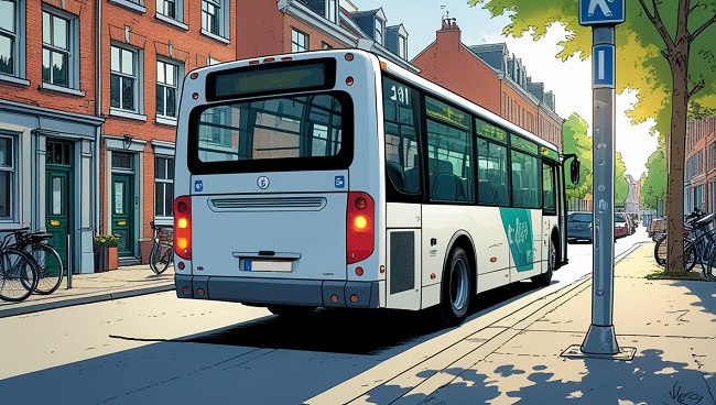 Un bus arrêté à un arrêt avec son clignotant allumé