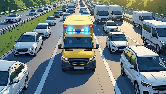 Une ambulance circule dans le couloir de secours lors d’un embouteillage sur une route belge