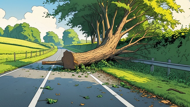 Un arbre tombé sur une route hors agglomération