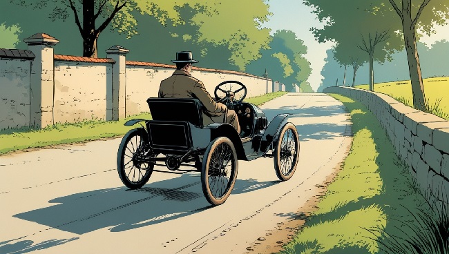 Voiture en 1899 circulant à droite sur la chaussée