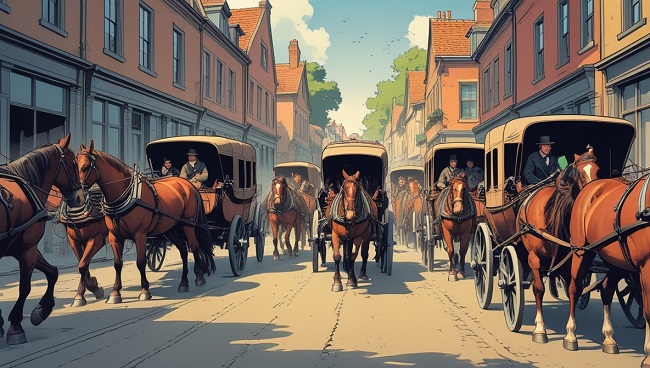 Scène de rue en Belgique au XIXe siècle, circulation chaotique