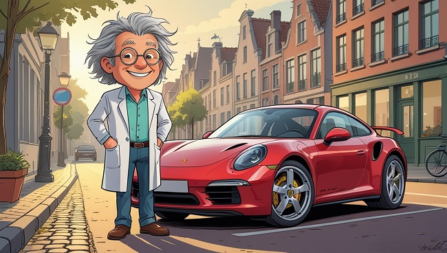 Professor Wegcode die voor zijn rode sportwagen staat in een Belgische straat