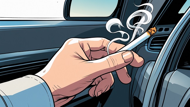Une personne fumant une cigarette dans une voiture