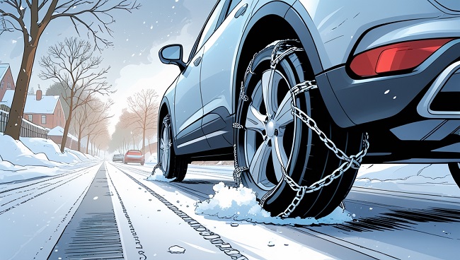 Pneu de voiture équipé de chaînes à neige pour une meilleure adhérence en conditions hivernales