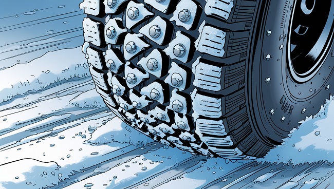 Gros plan d’un pneu de voiture avec des clous roulant sur la neige