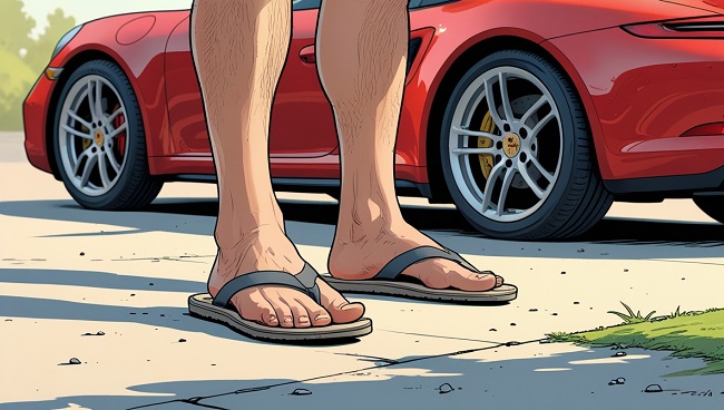 Le Professeur Code de la Route portant des tongs devant sa voiture