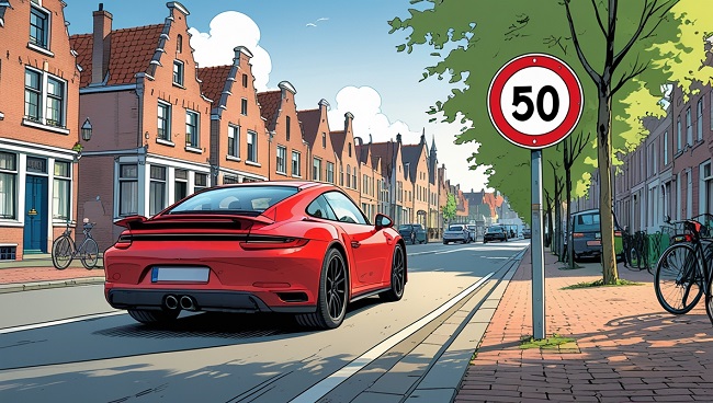 Une voiture circule en agglomération avec un panneau de limitation de vitesse