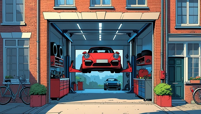 Voiture sur un pont élévateur dans un garage