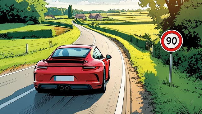 Illustration d’une voiture circulant hors agglomération en Wallonie avec un panneau de limitation de vitesse à 90 km/h