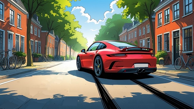 Een auto die hard remt en bandensporen achterlaat