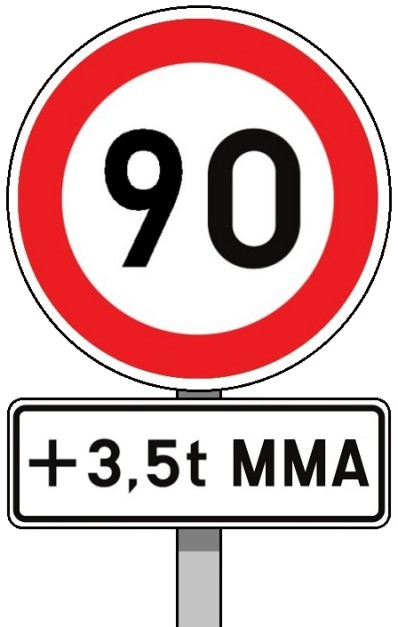 Panneau de signalisation C43 : vitesse maximale 90 km/h avec sous-panneau MMA +3,5 tonnes
