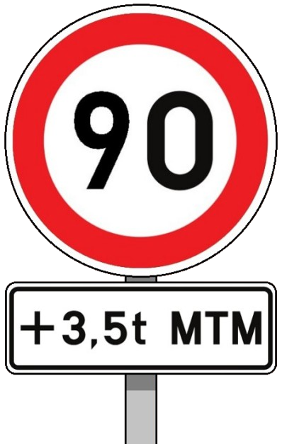 Panneau de signalisation C43 : vitesse maximale 90 km/h avec sous-panneau MMA +3,5 tonnes