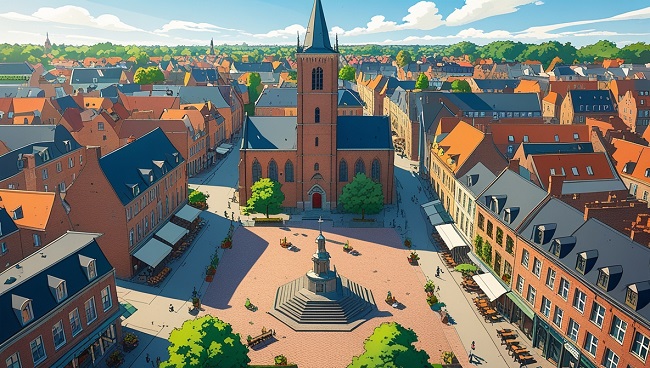 Illustration d’un village flamand avec église, maisons et place