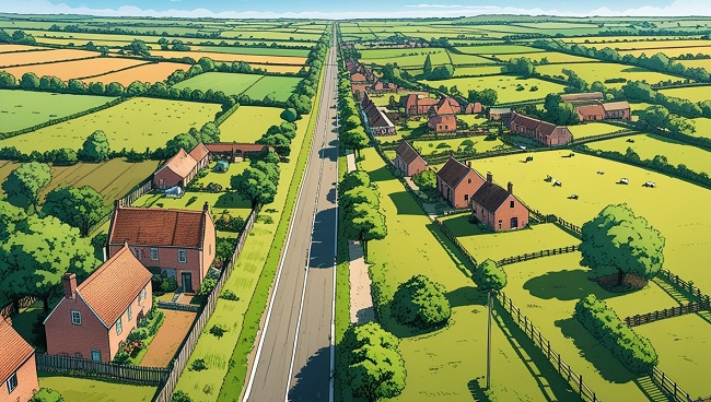Illustration d’une route asphaltée entourée de champs, d’arbres et de quelques maisons