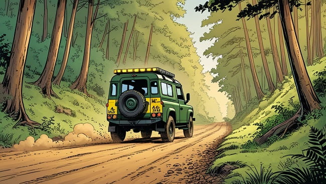 Illustratie van een aardeweg ain het bos met de auto van een boswachter