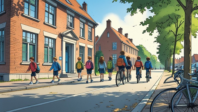 Illustration d’enfants qui quittent l’école à pied et à vélo