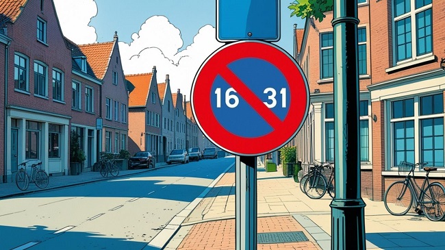 Het bord beurtelingsparkeren aan een paal op straat