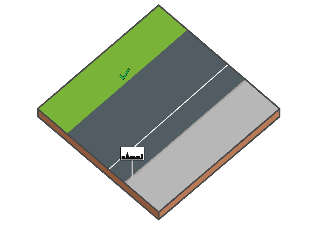 Modèle illustrant un véhicule stationné autorisé sur un accotement de plain-pied à l’intérieur de l’agglomération