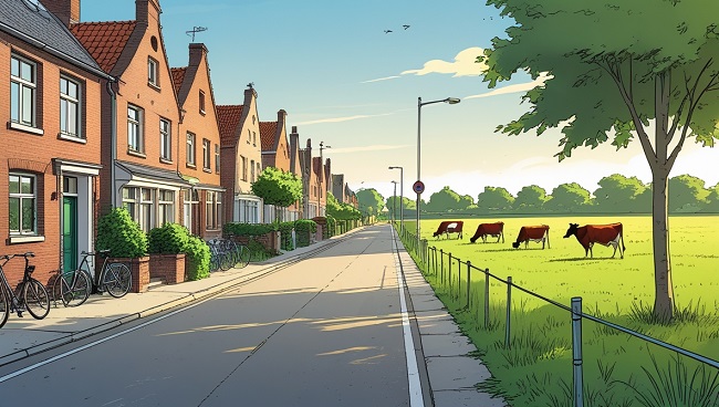 Een straat met aan een kant huizen en aan de andere kant een weide