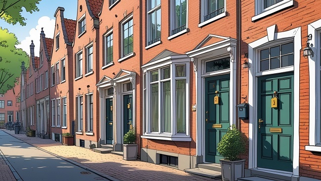 Een straat ùet huizen met even huisnummers