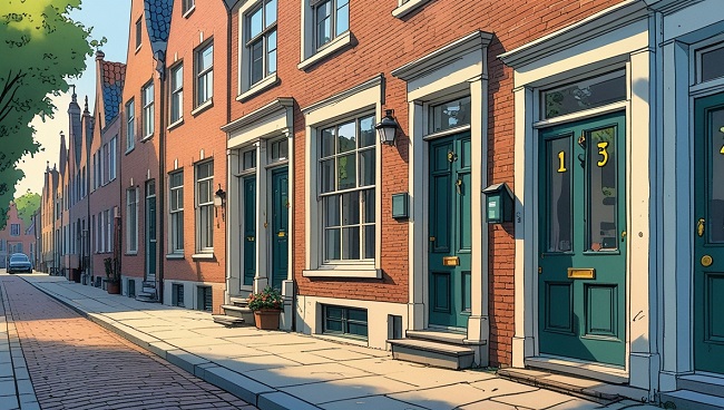 Een straat met huizen met oneven huisnummers