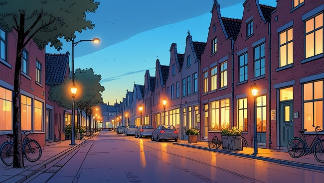 Een straat om 20 uur 's avonds