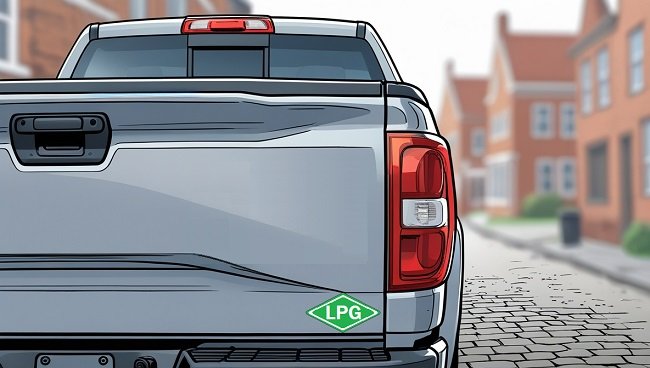 LPG-sticker op de achterkant van een Amerikaanse pick-up truck