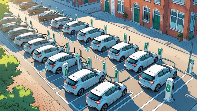 Un parking rempli de voitures électriques en train de recharger